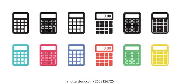 Ilustração de ícones da calculadora em várias cores em um fundo branco, ferramentas de cálculo. Representa dez calculadoras de diferentes designs e cores.