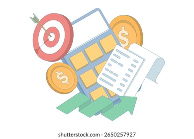 ilustração da calculadora, meta, gráfico ascendente e moedas de ouro, simbolizando objetivos financeiros e sucesso. sucesso e desenvolvimento. ganho financeiro e estratégia de negócios.