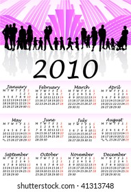 Illustration of calendar for 2010, Monday start.
