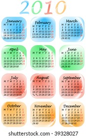 Illustration of calendar for 2010. year - Monday start.