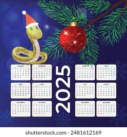 Illustration calendar 2025. The calendar depicts a snake, a Christmas tree toy and a Christmas tree branch.