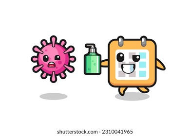 illustration of calendar character chasing evil virus with hand sanitizer , cute style design for t shirt, sticker, logo element