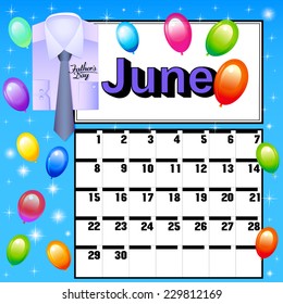 illustration calendar for July Father's Day with a shirt, tie and balloons