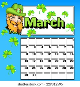 illustration calendar for March St. Patrick's Day shamrock hat