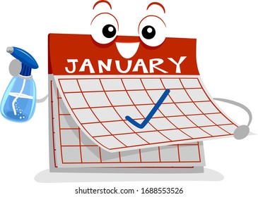 Illustration of a Calendar Mascot with Check Mark and Holding Bottle Spray for Monthly Household Chores