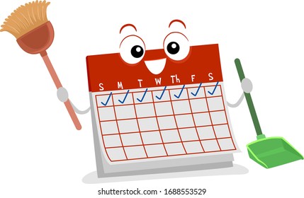 Illustration of a Calendar Mascot with Check Marks and Holding Broom and Dust Pan for Daily Household Chores