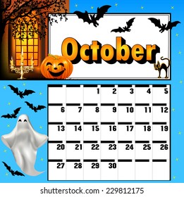 illustration calendar for October, bats and pumpkin candle holder ghost