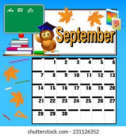 illustration calendar for September and school books owl and apple