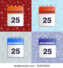 Illustration of calendar sheet 25 Dec. Christmas vector icon. Festive template can be used for any design. Square location. Wall calendar on celebratory background. Set of tear-off calendars.