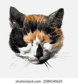 Illustration of a calico cat's face with black, orange, and white fur. The calico cat has a textured, artistic style. Calico cat portrait with closed eyes. Vintage animal illustration vector.