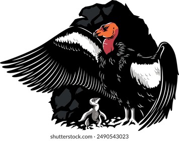 Illustration of California Condor Spreading Its Wings in the Nest with Its Chick