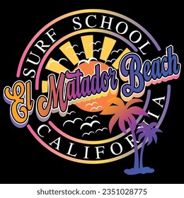 Illustration California Surf School El Matador Beach with palms and sun, Surf design style.