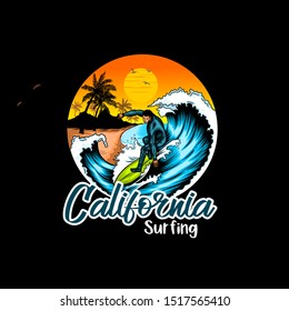 Illustration of Californian surfer in sunset