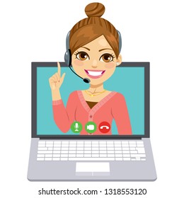 Illustration of call center woman operator wearing headset on laptop screen online support concept