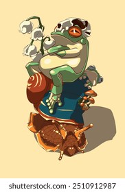 the illustration called "frog express" plays out the comical situation of a frog's journey on a snail, the illustration can be edited according to your needs