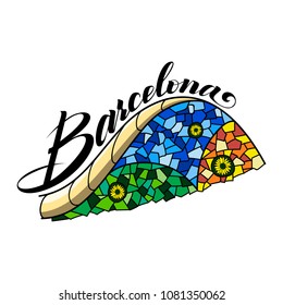 Illustration with calligraphy Barcelona and park bench. Can be used for postcards, posters, prints for T-shirts.