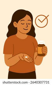 Illustration of a calm, content woman holding a pill and a medication bottle. Promotes mental health awareness 