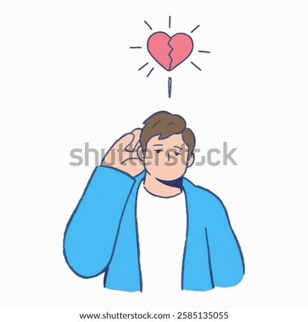 Illustration of Calm Figure with a broken heart icon above them. Illustration of a serene figure with a broken heart symbol hovering above, and representing quiet sorrow, emotional resilience.