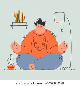 Illustration of a calm man in meditation, surrounded by plants and a lamp. Promoting relaxation and mindfulness in a peaceful environment.