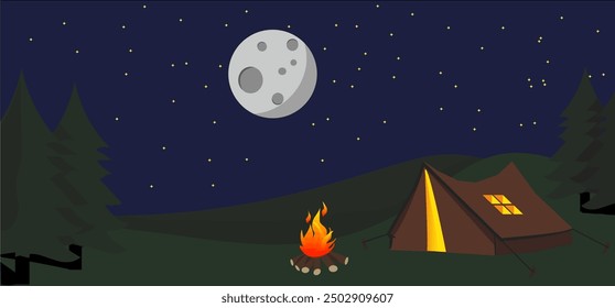 Illustration einer ruhigen Nacht auf dem Campingplatz. Das Licht des Vollmondes leuchtete auf dem Zelt, dem Lagerfeuer und den Kiefern. Perfekt für Designs rund um Natur, Abenteuer oder Entspannung.