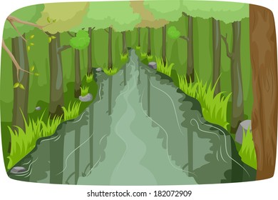 Ilustración de un río tranquilo que atraviesa un bosque espeso