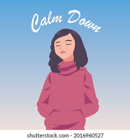 illustration of calm woman closing her eyes with peaceful and chill background