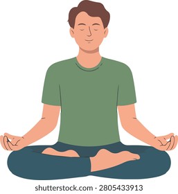 An illustration of a calm young man meditating in the lotus position with closed eyes. This artwork symbolizes peace, mindfulness, relaxation, and mental well being for a healthy life.