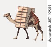 Illustration of a camel carrying multiple boxes. The camel is depicted with a patterned blanket.