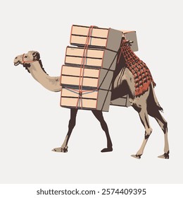 Illustration of a camel carrying multiple boxes. The camel is depicted with a patterned blanket.