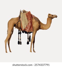 Illustration of a camel with a colorful saddle. The camel stands tall, showcasing its saddle. Camel and saddle are central to the image, highlighting the camel's features. Vintage vector element.