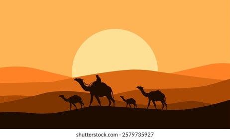 Illustration of camel convoy trekking through a sandy desert. Vector illustration of safari in arabian desert landscape with camels. Silhouette of panorama dune desert with group of camel and a herder