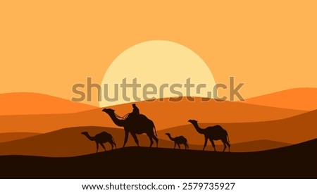Illustration of camel convoy trekking through a sandy desert. Vector illustration of safari in arabian desert landscape with camels. Silhouette of panorama dune desert with group of camel and a herder