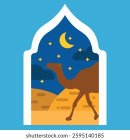 illustration of a camel and desert in front of a door