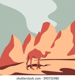 Illustration of camel in the desert / Vector art illustration camel in the dunes / Camel in desert with mountains on background