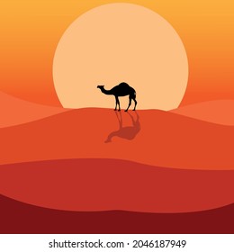 Illustration Of A Camel On Sand Dunes In The Desert With The Sun Setting On The Horizon.