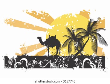 Illustration of a camel and palm trees