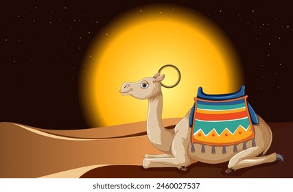 Illustration of a camel resting under a full moon