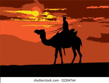 Illustration of a camel rider traveling through the desert on sunset