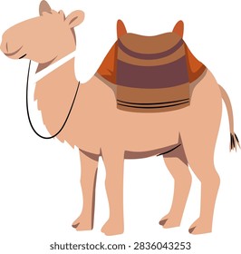 Illustration of a camel with a saddle, facing sideways, showcasing its distinctive hump and long legs, set against a plain background.