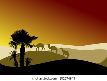 illustration with camel silhouettes in desert