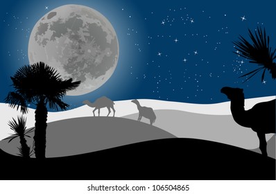 illustration with camel silhouettes in desert