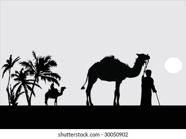 ilustración con siluetas de camello en el desierto