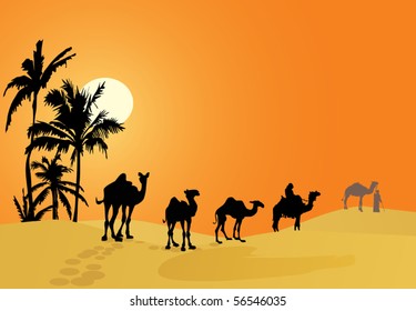 illustration with camel silhouettes in desert