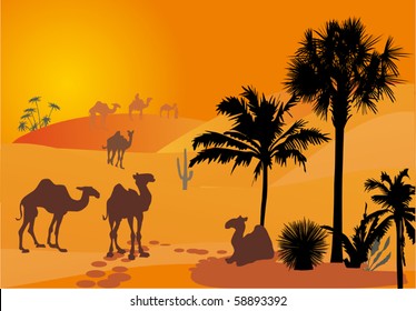 illustration with camel silhouettes in desert