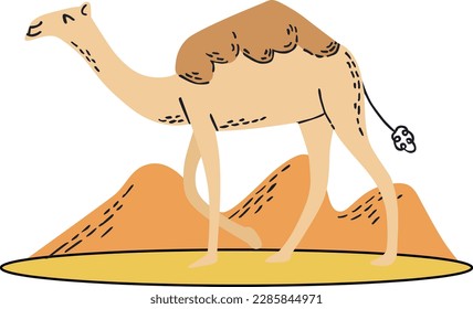 Illustration of a camel standing in the middle of the desert.