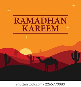 illustration of a camel walking in a desert and a sunset. background and banner ramadan the holy month.