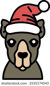 Illustration of a camel wearing a Christmas hat in line art style