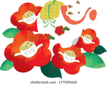 Illustration of a camellia and a cow on a white background