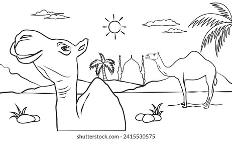 Ilustración de camellos en el desierto. Libro de Colores para niños y adultos. Vector blanco y negro