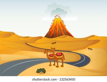Illustration of the camels in front of a volcano at the desert
